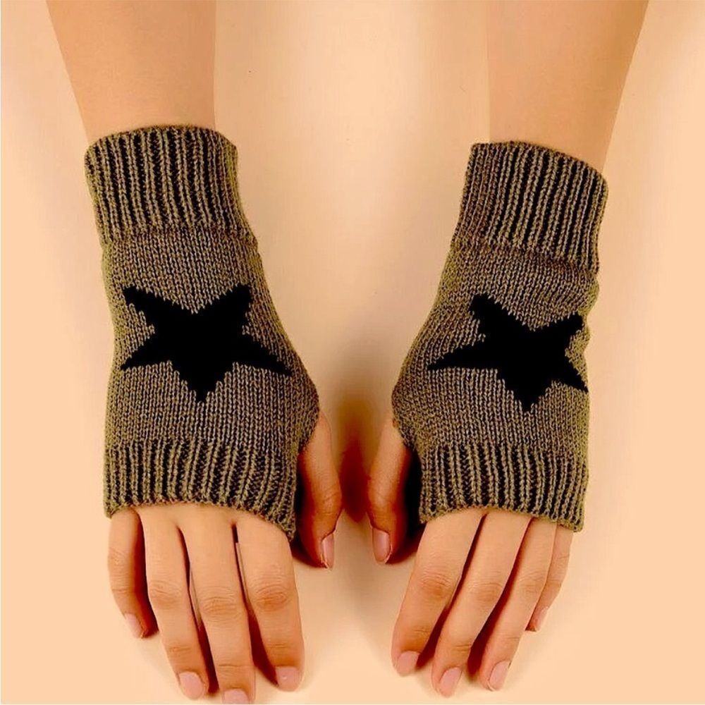 Knit Fingerless Gloves Hand Warmers with Black Star Design